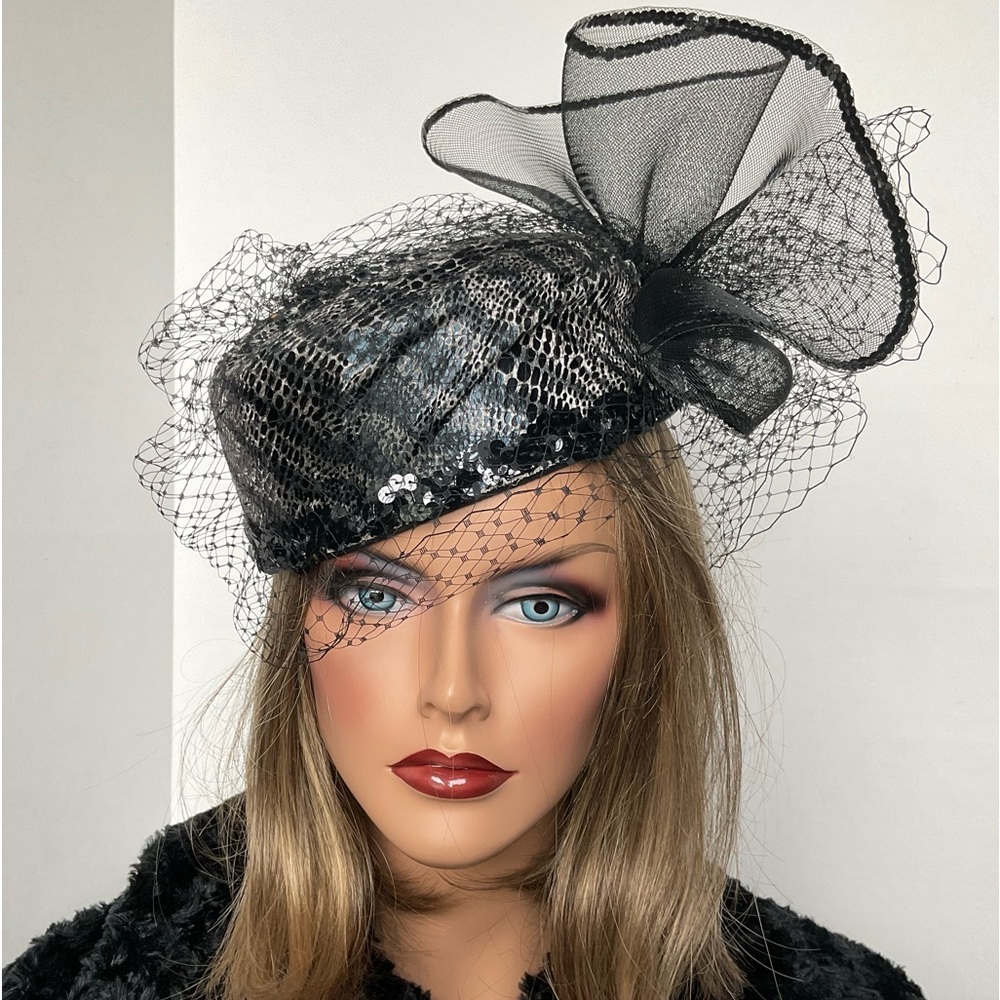 Pillbox Hat~Animal Print Black/Ivory W/Mesh Bow Sequins Netting NEW
